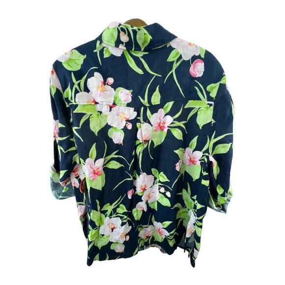 Studio Works Size 1X Basic Navy Floral Shirt Linen Button-Up Roll-Tab Sleeves - Picture 2 of 7